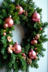 a lovely evergreen wreath adorned with delicate pink glass ornaments and lush greenery, wreath, evergreen, winter