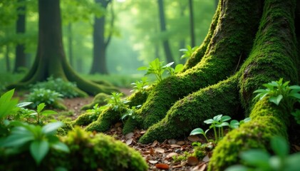 A lush, green forest floor with ferns and moss growing among the roots of ancient trees, nature, moss, natural