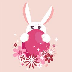 Bunny holding a pink Easter egg surrounded by flowers and glittering details. Perfect for greeting cards, holiday designs, children's illustrations and decorations. Vector