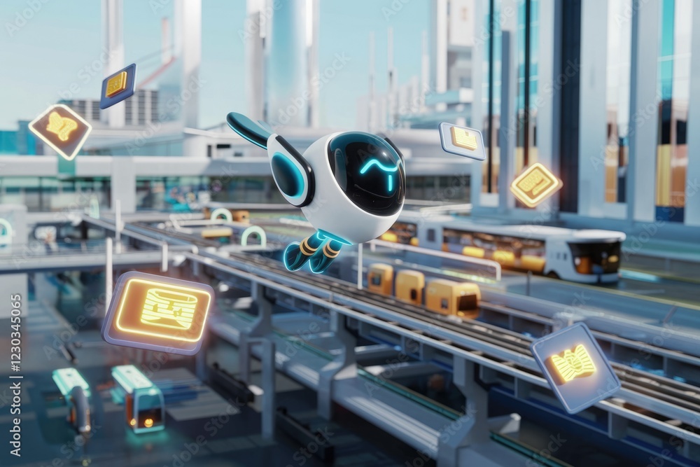 Poster A futuristic flying robot navigates a smart city's automated transport system, delivering data packets.