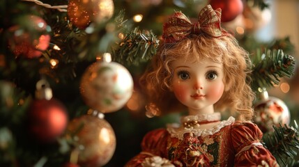 Charming Christmas Doll by the Christmas Tree