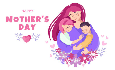 Happy Mother's Day illustration with mother hugging children. Mother hugging her son and daughter, surrounded by floral decorations and cute typography. greeting cards, posters, social media. Vector