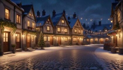 Fototapeta premium Snowy village square with festive lights and Christmas decorations, snowflakes falling, winter wonderland