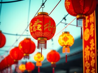 A vibrant red and gold Chinese New Year background featuring traditional lanterns hanging, with soft glowing lights and intricate patterns.