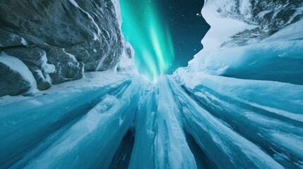 Aurora Borealis Through Ice: A breathtaking view of the aurora borealis, a vibrant green display of light dancing across the night sky, viewed from a unique perspective through towering.