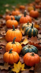 Obraz premium Colorful pumpkins scattered across a blanket of leaves, rustic, garden, autumn colors