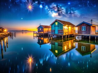Fototapeta premium Moody Night Photography: Casoni Fishing Huts, Caorle, Italy - Coastal Charm