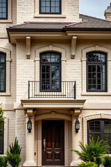 Obraz premium Elegant Brick House Exterior: Modern Architecture and Classic Design. Real Estate Photography of a Luxurious Home with a Grand Entrance and Balcony.