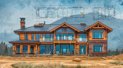 Blueprints overlaying construction site for a new home with wooden framework in progress