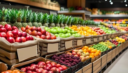 Obraz premium Vibrant fruit display grocery store fresh produce indoor market aisle view healthy eating concept