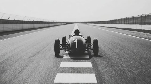 Black and white photo of a vintage race car on a track.