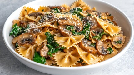 Mushroom and Spinach Farfalle Pasta: A bowl of delicious farfalle pasta tossed with saut&eacute;ed mushrooms and spinach, topped with grated Parmesan cheese, creating a symphony of flavors and textures.  
