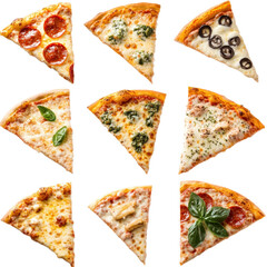 Isolated Assorted Collection of Nine Delicious Pizza Slices