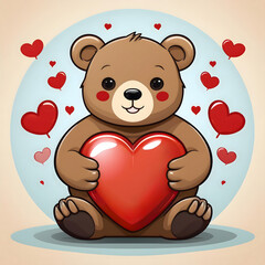 Obraz premium Cute brown teddy bear holding a big red heart against a light blue and yellow circled background with floating hearts