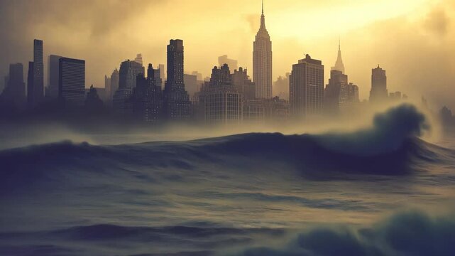 Dark waves crash against a stormy New York City skyline at twilight