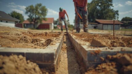 Blueprints overlaid on construction site for a new home with wooden framework under development