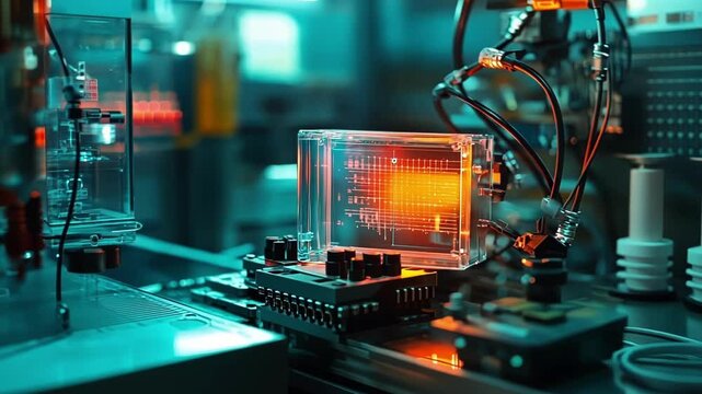 Closeup of an industrial IoT sensor connected to an edge computing device near a factorys robotic assembly line with cables meticulously organized and data streams visible on a small
