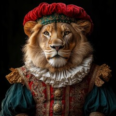 Image depicts a lion-human hybrid figure dressed in Renaissance clothing, with speech-like features and ornate doublet The background is dark, contrasting the lifelike yet fantastical - AI-generated