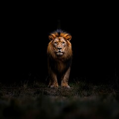 Fototapeta premium A powerful lion, standing on uneven terrain, is illuminated in a dark savanna or grassland The mane varies from dark to light and eyes are only hinted due to the angle and light source - AI-generated