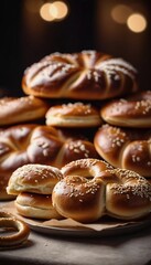 In a warm kitchen filled with the aroma of freshly baked goods, sesame bagel buns are braided and prepared on a wooden surface, showcasing their golden brown crust and rich texture. Generative AI