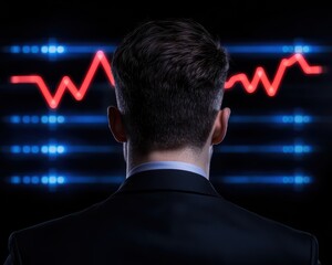 A businessman analyzing data trends depicted by red graphics on a sleek digital interface.