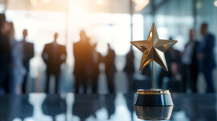 Close-up of a golden star trophy on a table in an office, with blurred business people in the background, symbolizing success, achievement, and recognition in the workplace.