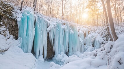 Frozen waterfall winter forest sunlight landscape