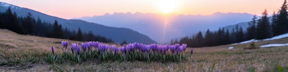 Fototapeta premium A picturesque scene of a field of purple flowers with a stunning sunset in the background. The flowers are scattered throughout the field, creating a beautiful and calming atmosphere