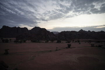 A breathtaking desert landscape at dusk featuring rugged rocky mountains and a dramatic cloudy sky. The vast terrain is highlighted by scattered trees and natural textures, creating a stunning scenic 