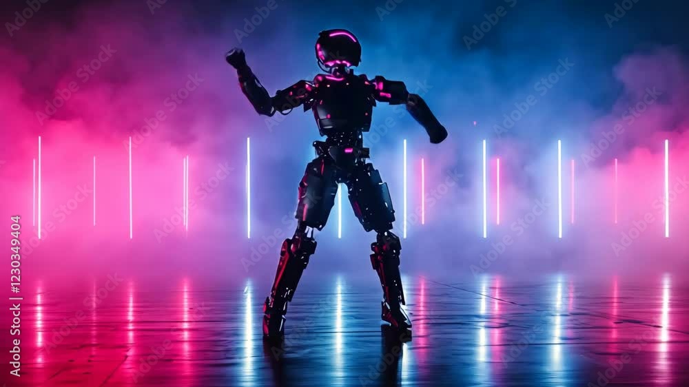 Poster robot performs a dance routine in colorful neon lights with a foggy backdrop at night