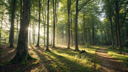 Fototapeta premium Panorama view of a serene forest with sunlight filtering through the trees, casting dappled shadows on the forest floor, woodland, walking trail