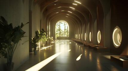 A long hallway with a lot of windows and a few potted plants