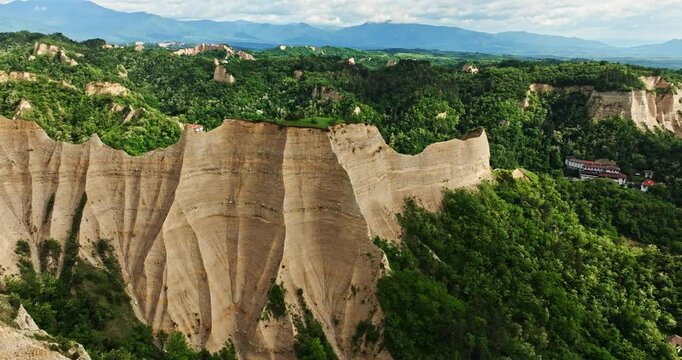 Unique Natural Phenomenon Melnik Pyramids High Ridges Surrounding Small Village Rural Bulgaria Aerial Orbit