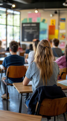 Étudiants en classe écoutant un cours, vue de dos.