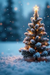 Frosty landscape with defocused Christmas tree covered in glittering snowflakes and icicles, icy, festive, quiet