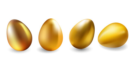 Glossy Gold eggs 3D set for holiday and financial themes. Realistic golden eggs collection for Easter and wealth concepts.Easter designs, financial concepts, luxury branding, and advertisements.Vector