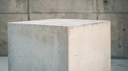 Concrete cube pedestal against a textured wall.