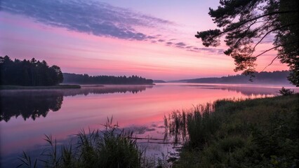 Pink and purple hues reflecting off the surface of a calm lake during sunrise, water, calm