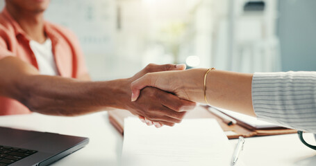 Handshake, meeting and hands of business people in office for agreement, partnership and thank you....