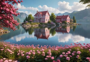 Obraz premium Pink blooming flowers on the red roofed house overlooking a picturesque lake, countryside, floral