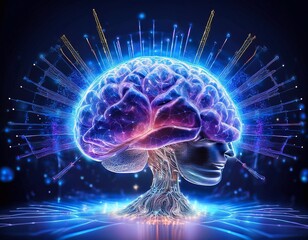 Brain with neural connections on a black background in neon colours