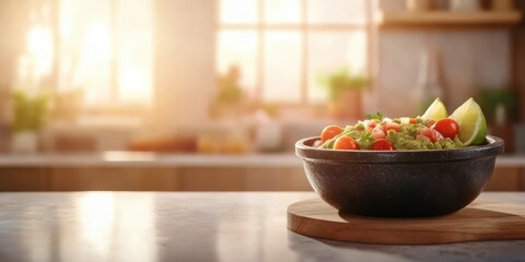Sunlit Guacamole: A rustic dark bowl brimming with vibrant guacamole, garnished with cherry tomatoes and lime wedges, sits on a wooden board against a sun-drenched kitchen backdrop.