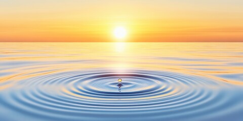 Sunset Serenity: A single drop of water creates perfect concentric circles on the tranquil surface of the ocean as the sun sets, casting a warm golden light across the horizon.  