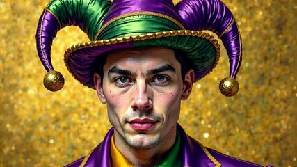 Mardi gras background with A man wearing a green and purple hat and a purple jacket. He has a serious look on his face - Powered by Adobe