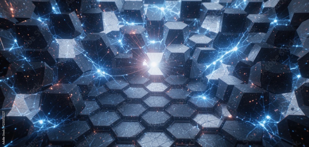 Poster Abstract geometric pattern with glowing lines and central light source creating a futuristic texture