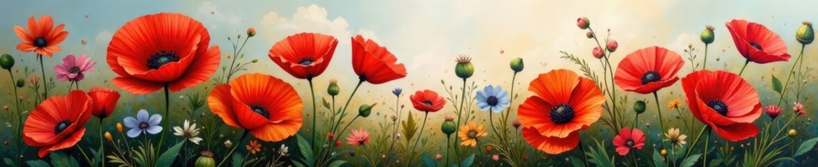 Fototapeta premium Macchia di colore painting with poppy flowers, still life, art, macchia di colore