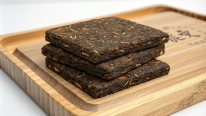 Pressed pu erh tea leaves stacked on a wooden tray, organic tea farming, earthy aroma, artisanal production