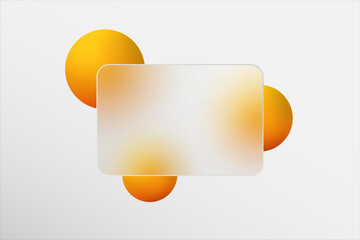 Minimalist presentation background in glass morphism style with transparent glass rectangle with blur effect. Decorated with round yellow balls. General gray background. Eps 10