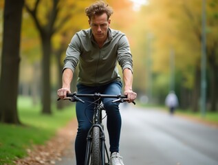 Obraz premium Man commuting by bicycle in a park during a beautiful autumn day