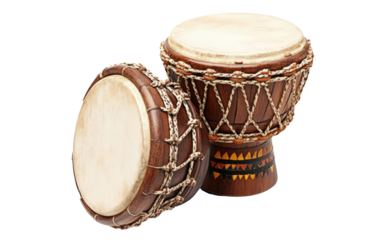 Isolated Pair of Ethnic Wooden Drums with Cord Details